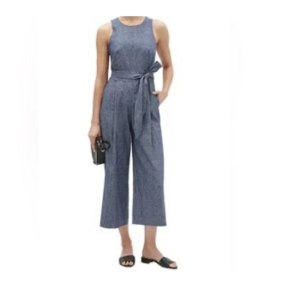 Banana Republic Women Blue Linen Blend Wide Leg Sleeveless Jumpsuit Petite 4P